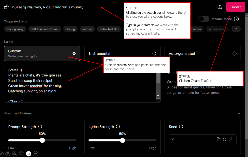 Screenshot of Udio.ai and the steps to create a simple song for kids